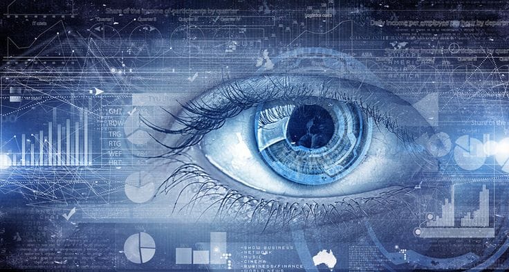 Close up of human eye on digital technology background